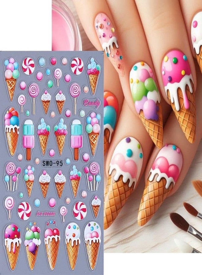 Sevgob Summer Nail Art Stickers 5D Embossed Ice Cream Cone Nail Stickers 3D Self-Adhesive Lollipop Nail Decals Gold Butterfly Nail Designs Fruit Flower Nail Art Decoration for Women Girls Manicure 3 Sheets - Image 5